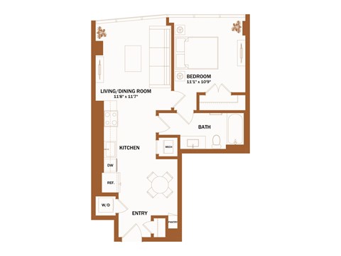 A floor plan of a house with a living/dining room, kitchen, bathroom, and bedroom.